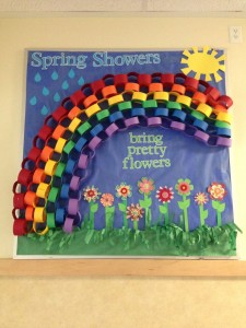 Spring bulletin board with rainbow