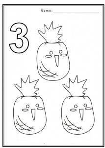 Free coloring pages of numbers 3 with fruit