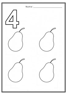 Free coloring pages of numbers 4 with fruit