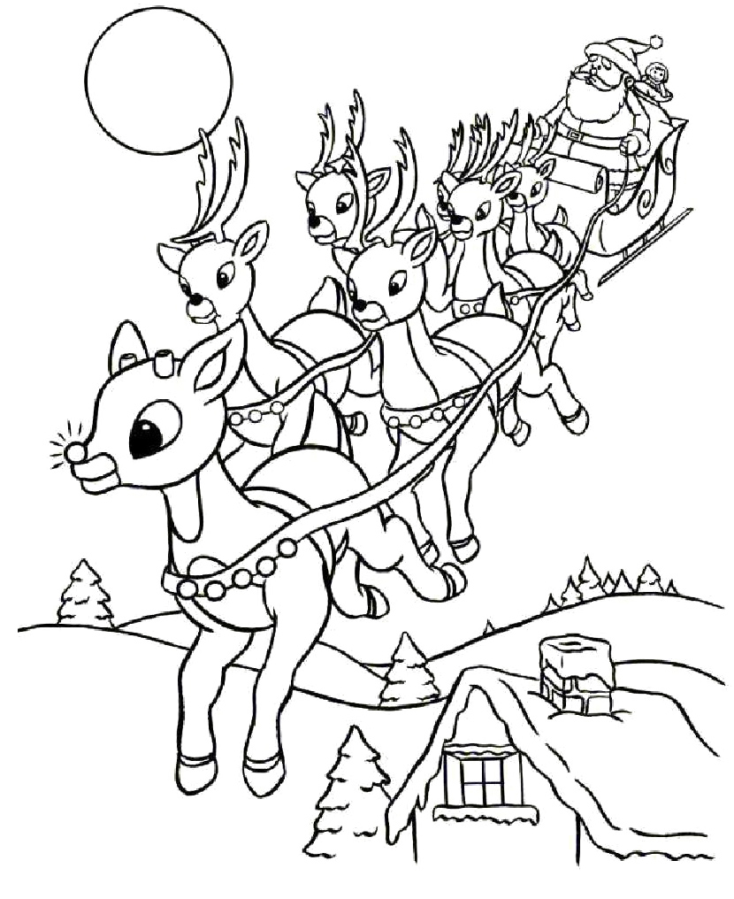 Santa and reindeer coloring page 2
