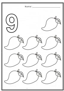 Free coloring pages of number 9 with fruit